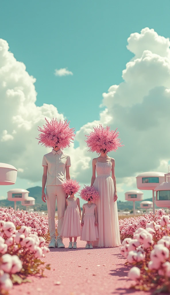 weird looking family, cherry blossom as a head. setting: futuristic houses on the left, pastel colors, cotton clouds, surreal atmosphere, raw photo, 35mm