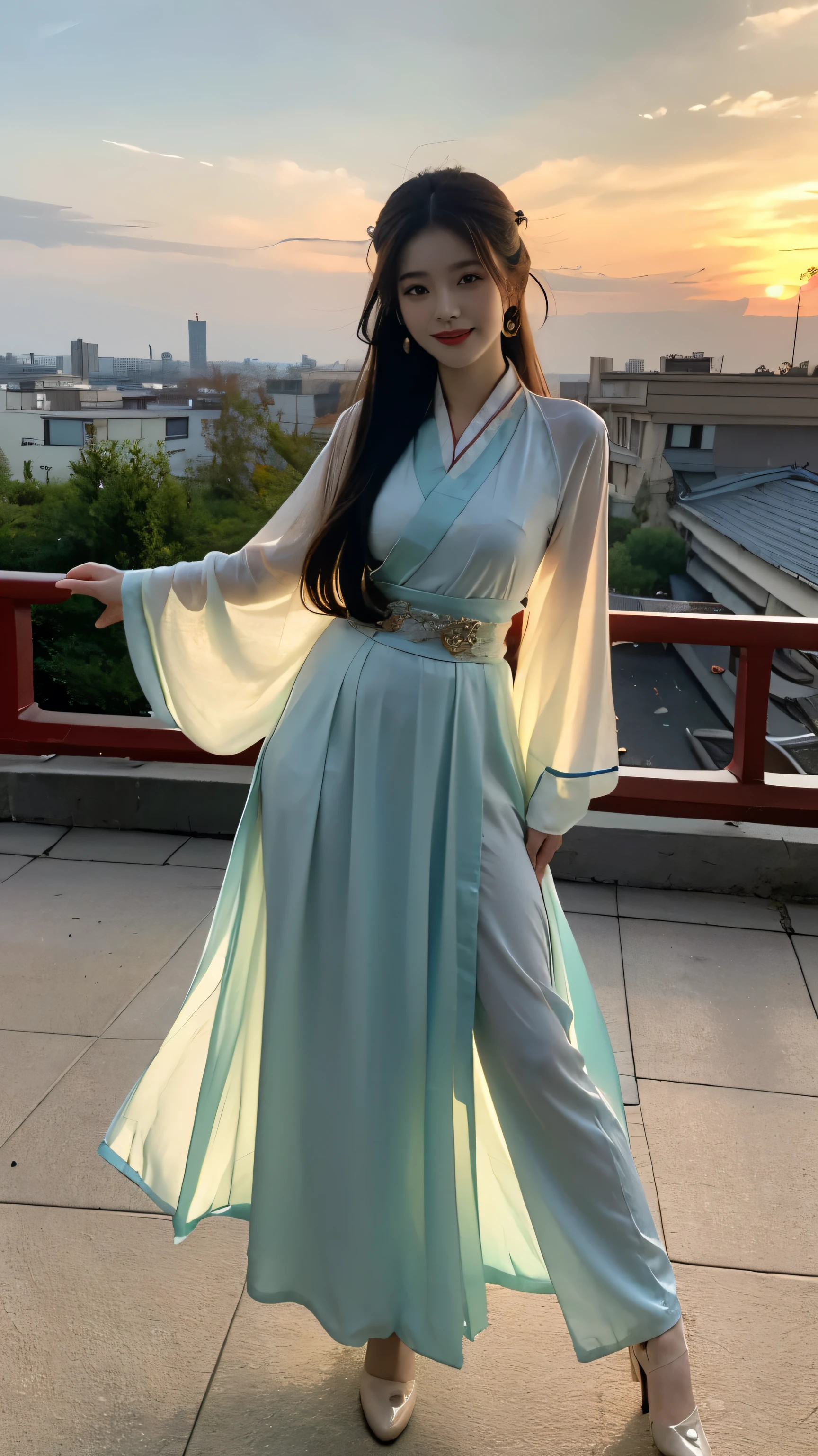 Best quality， Ultra-high resolution， Face Focus（truly：1.6），1 Girl, Beautiful Girl，，Chinese Girl, elegant girl，Classical girl，Black hair,Hairstyle，（Medium breasts:1.4), Hanfu，Wei and Jin Dynasty:1.1, Red clothes，Loose，panoramic，whole body，Rooftop（Depth of Field：16）,Hair forks，Hairpin，earrings，Rooftop,Red sunset,Ultra-thin face，Exquisite eyes，Double eyelids，Smile，whole body，Standing，Long legs，Dance moves，Classical dance moves，For the audience