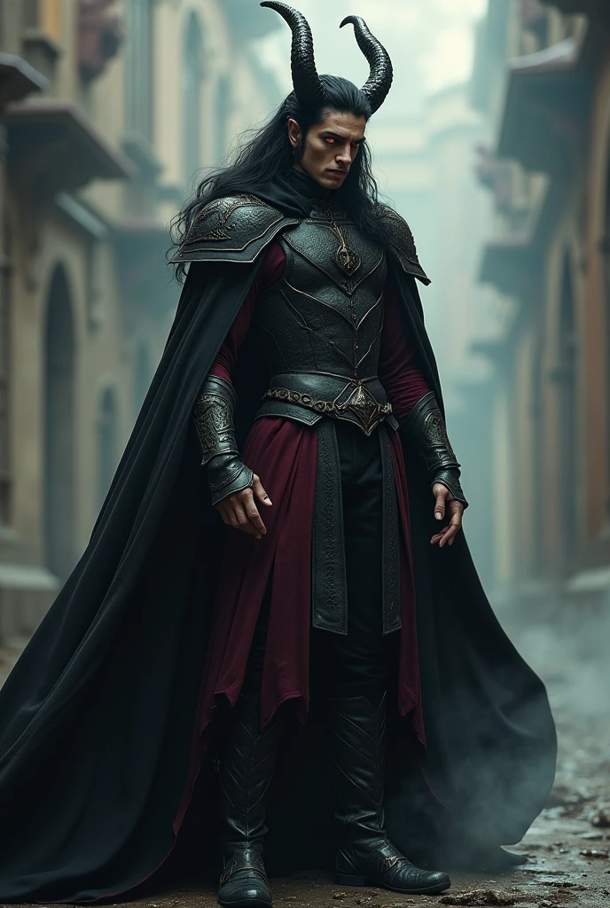 male demon tall. black horns .black long hair. dragon eyes. black long cape. wine red shirt. breastplate made of leather. black trousers. black boots
