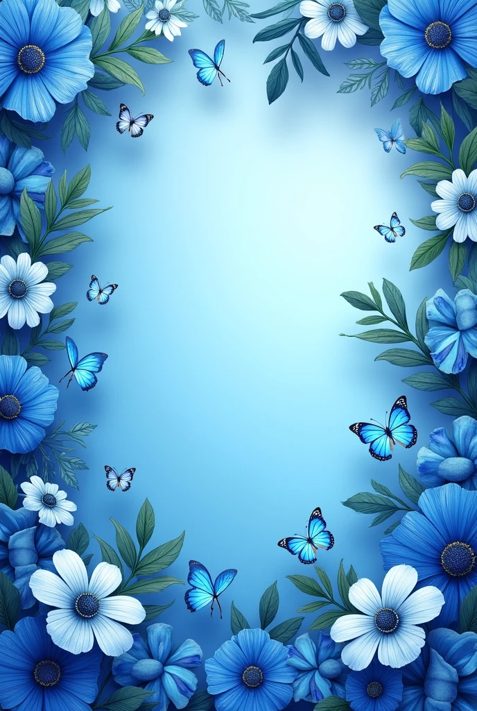 Create a blue floral print with blue tropical foliage, blue flowers, blue masks and butterflies. clear with blue background and full image