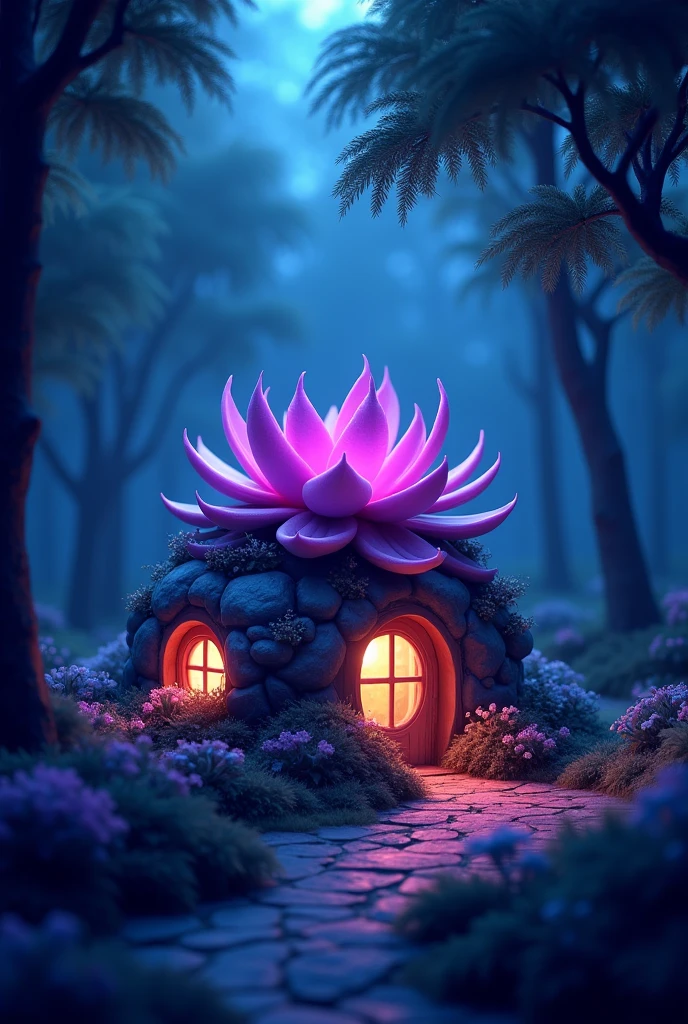 Size 1242x2688 pixels,A glowing succulent house in a mysterious forest,The tone is purple blue.,Illuminating the surrounding environment in the dark, Anime model,Blind Box,Pixar style,Ultra high definition 4k8k webp