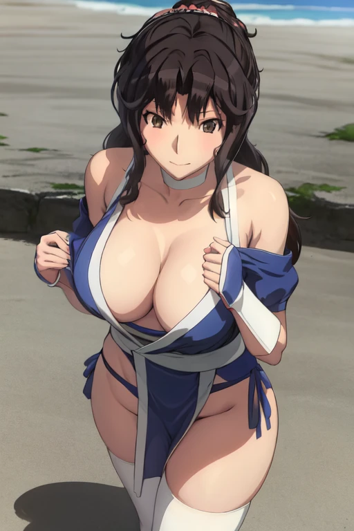masterpiece, best quality, beautiful art, high resolution, well formed hands, body and fingers, 1 woman, solo,Kaoru Tanamachi, 31 years old, hair ornament, adult, grown up, big breasted, cleavage, full body, braided long hair, blue_japanese_clothes, wearing DOA Kasumi's blue kunoichi dress, sexy and skimpy japanese clothes, kimono peek, sleeveless, panties peek, white stockings, gorgeous legs and thighs, she is doing exercise in the beach, seductive face, warming up, working out, sexy and captivating training, smiling joyfully and happily , looking at the viewer, , sweating , bouncing breasts, training montage session, beach environment