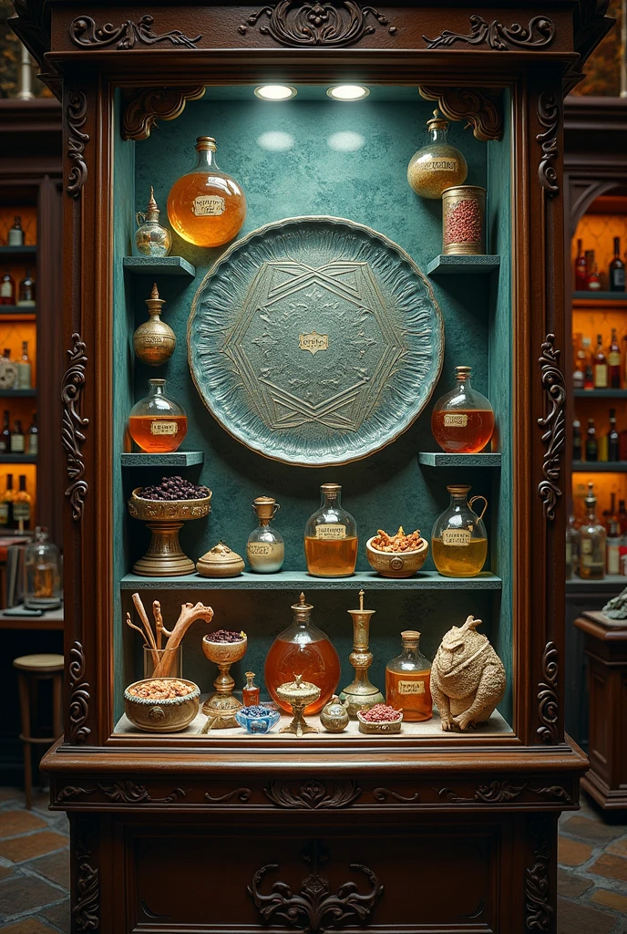 historical setting magic store inside, front view, harry potter, DIAGON ALLEY, showcase, textured, maximum detail, peltate plate, no people, Highest quality, masterpiece, magic potion, Mythological creatures