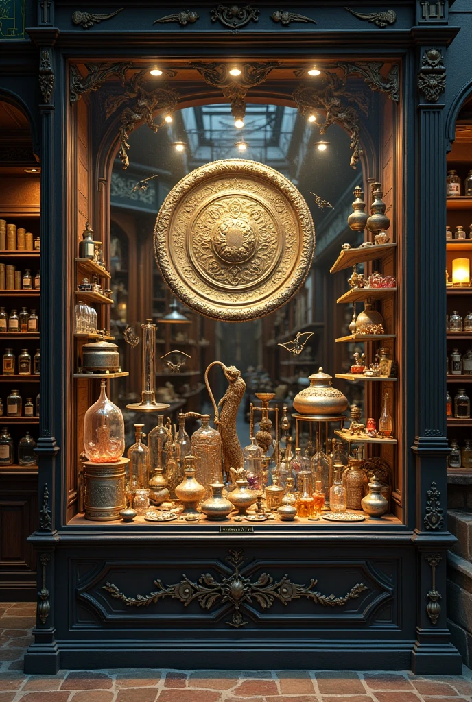 historical setting magic store inside, front view, harry potter, DIAGON ALLEY, showcase, textured, maximum detail, peltate plate, no people, Highest quality, masterpiece, magic potion, Mythological creatures