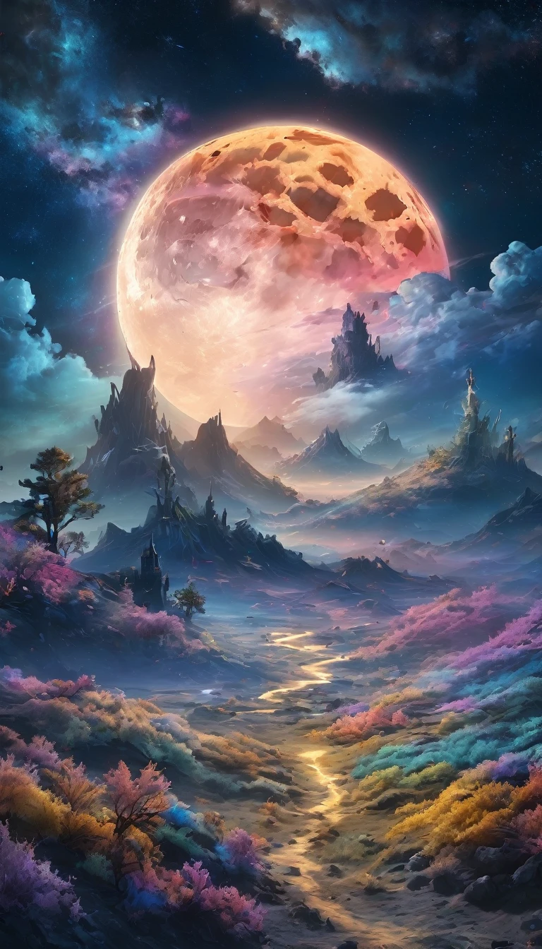 nightの池:1.5, (masterpiece),(Highest quality:1.0), (Ultra-high resolution:1.0), Detailed illustrations, Detailed landscape, colores Vibrants, 8k, night, Lunar clouds, (( Magic, beautiful:1.4 )) , (( Highest quality, Vibrant, 32k clearly defined light and shadow)).