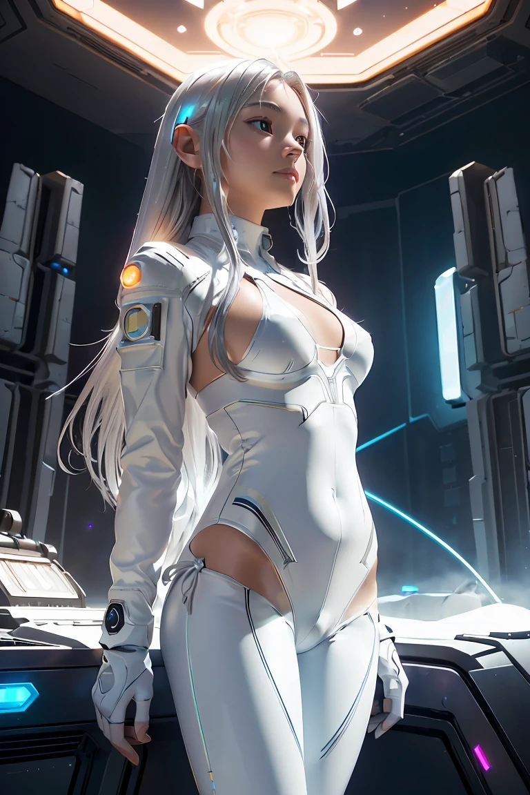 ((masterpiece, best quality, extremely detailed), volumetric lighting, ambient occlusion, colorful, glowing), 
1girl, solo, young girl, (silver hair), long hair, halo, aura, sacred, goddess, cyber suit, (white bikini and bodysuit combined design:1.3), 
outdoors, sunset, sky, clouds, space, (cyberpunk theme:1.2),