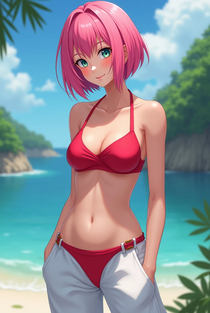 une jolie fille, avec des cheveux rose en coupe carré avec la coiffure de sakura haruno, vêtue d'un pantalon blanc et un haut de bikini rouge.