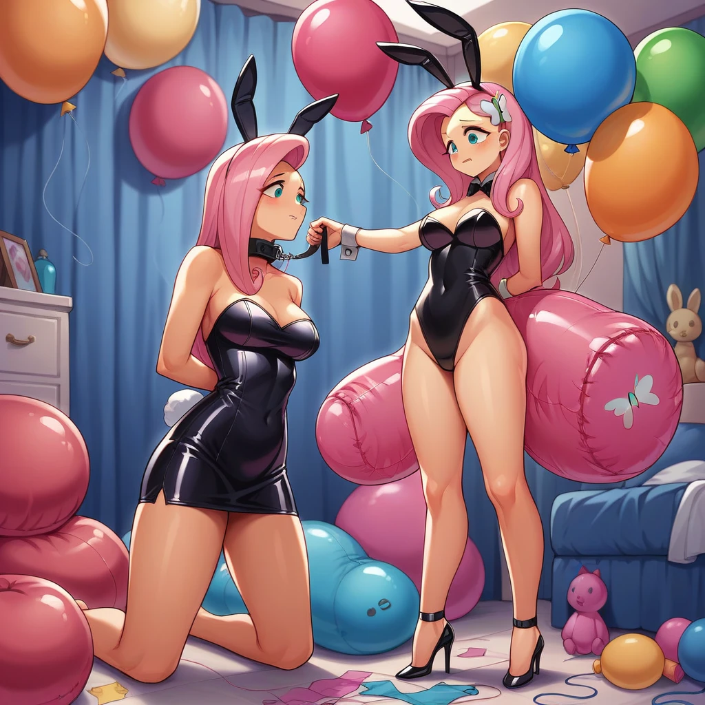 BDSM, colorful balloons, balloon fetish, inflatables, looner, femdom mistress mlpfluttershy in black latex dress and high heels walking on a leash her slave in inflatable latex suit with inflatable collar and balloons suit, feet worship, medium naked thighs, medium breasts, hair ornament, fake bunny ears, perfect feet, balloons everywhere, huge inflatable toys around, inside inflatable room, inflatable balloon bondage, pear type of body shape, perfect face