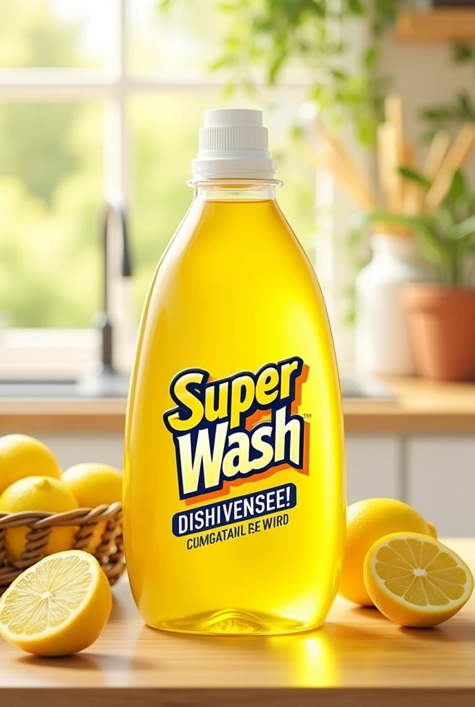 Super wash DISHWASH logo
On yellow transparent dishwash bottle
Lamon background kitchen background