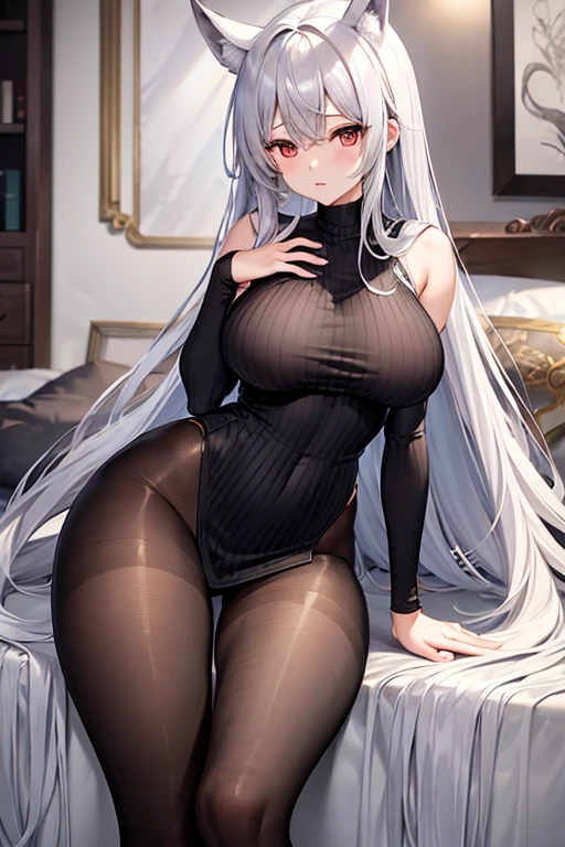 Big Breasts、long hair、Silver Hair、No sleeve、Vertical knitwear、Black Pantyhose、Long, slender legs、Emphasize the chest、whole body、High resolution、masterpiece、Highest quality、High-resolution model