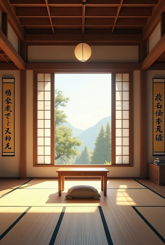 Masterpiece Background、Inside a Japanese-style room、There is a room with hanging scrolls and tatami mats in the back, and a cushion and a low desk in the middle of the room.