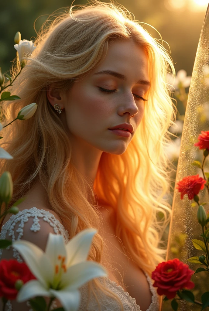1. **"While competing with your hair" by Luis de Gongora:**
- **Idea for drawing:** Imagine a woman of ethereal beauty with a golden mane that shines in the sunlight. Around it, white lilies and red carnations, everyone looking at her with admiration. The woman is reflected in a glass mirror that, At the bottom, begins to fade into dust. The scene could be in a garden illuminated by a golden sunset, where nature itself competes with its beauty..