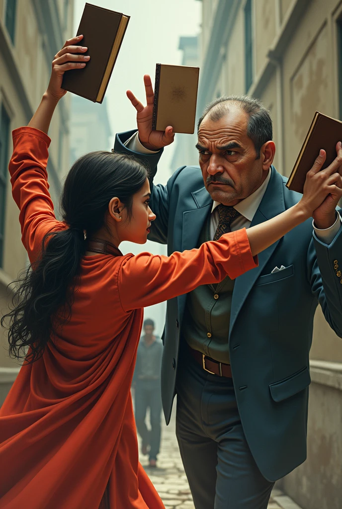 An Indian girl in school uniform of salwar kurta is hitting a middle aged handsome man with villainous looks with the help of books in her hands.