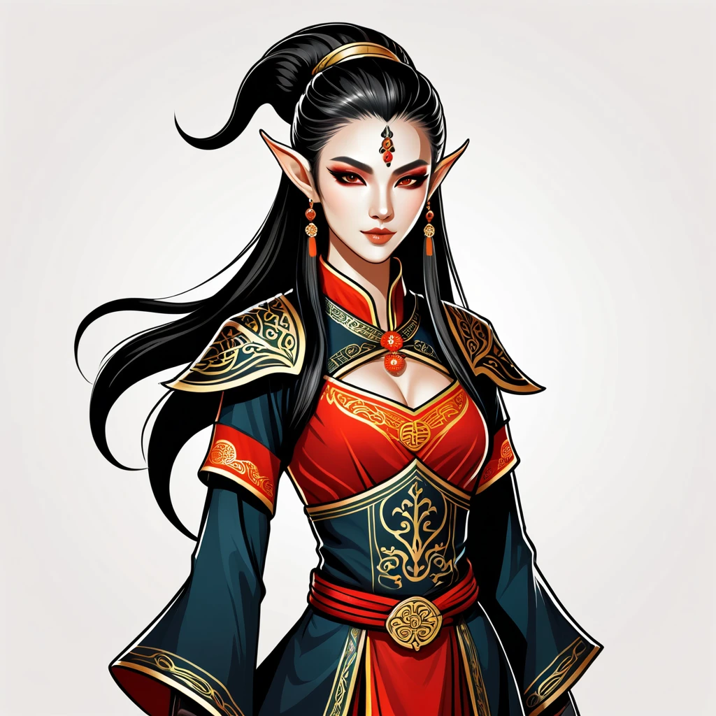 female dark elf in chinese folk outfit, vector graphics, strong contours, logo design, white background
