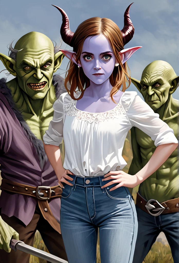 Emma Watson, brown hair, blue eyes, (jeans, white blouse), GobGirl, purple skin, short, demon horns, long ears, large ears, piercings, colored skin, monster_girl 1girl, pointy ears, goblin, shortstack, long pointy ears, earrings, realism, demon tail, hooves