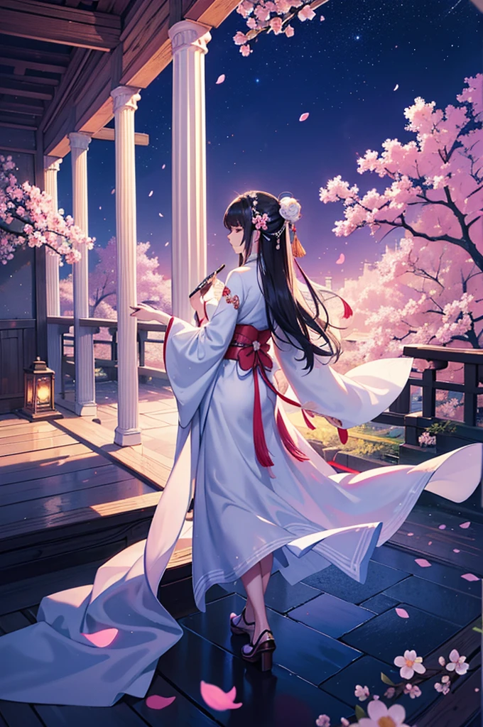 Gorgeous, Dynamic, visual impact, ink painting，watercolor smudge，1 girl, solo, long hair, black hair, hair accessories, long sleeves, flower, outdoor, sky, 毛flower, from behind, sash, contour, make up, night, China costume, Night Sky, light particles, architecture, Hanfu，1 girl, solo, black hair, hair accessories, long sleeves, Gorgeous silk dress, Pink Silk Hanfu，belt，long sleeves，damask，jewelry, Shut up, permanent, whole body, flower, Good, vague, flower petals, contour, night, China costume, 单Good, Flower-decorated hairpin，Loose long hair，红flower, Night Sky, light particles,Gold jewelry， bead, architecture, updo, Hanfu，light particles，Beautiful light source，high quality, best quality,8K CG, Ultra-detailed, HD, masterpiece, Watercolor oil painting，ink painting，ink painting color dyeing，bling，ancient art，The background is decorated with auspicious clouds and silk ribbons，Elegant and peaceful atmosphere，Concept art illustration，Light painting rendering，Zen style, In line with Chinese aesthetics，The beauty of imaginary artistic conception，Beautiful digital illustration，Pink peach flower petals surround her, cherry blossom, white kimono, silk dress, moon in the background