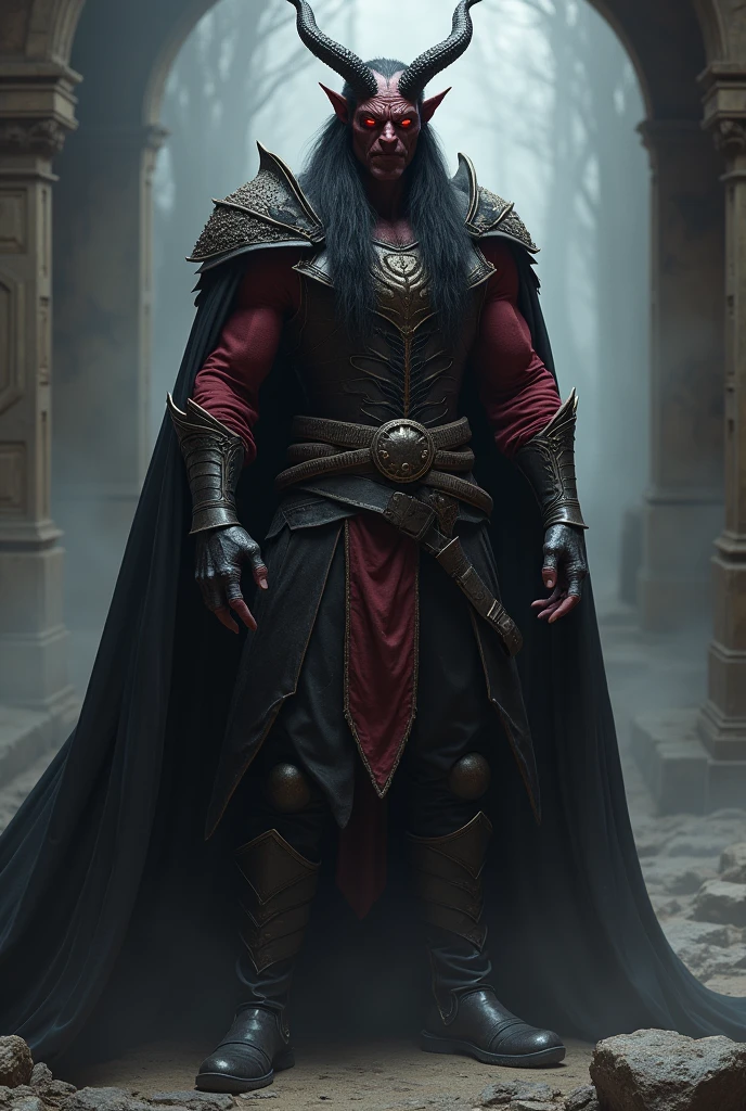 male demon tall. black horns .black long hair. dragon eyes. black long cape. wine red shirt. breastplate made of leather. black trousers. black boots