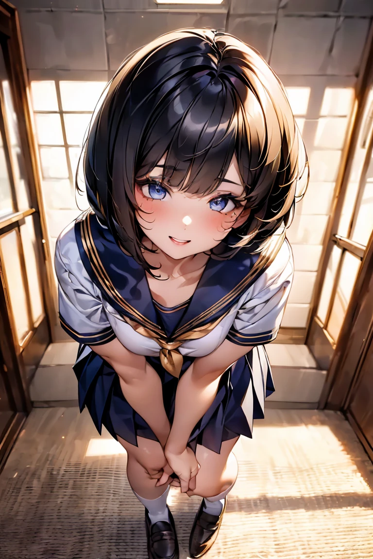 Browsing Caution,​(Highest quality, 8k, masterpiece:1.3,beautiful girl), (Very detailed)Glowing Skin,((Short sleeve, cute navy sailor suit, Navy Pleated Skirt, Navy sailor collar, Blue Sailor Scarf, socks, Brown Loafers)), ,(Perfect Anatomy, Anatomically correct, Very detailed肌),((Golden Eyes)),((Perfect Fingers,Five Fingers)),((Black Hair,Bobcut,)),Natural Makeup,Smile in full bloom、School、Schoolyard、Run、Rear View、cheeks turn a little red