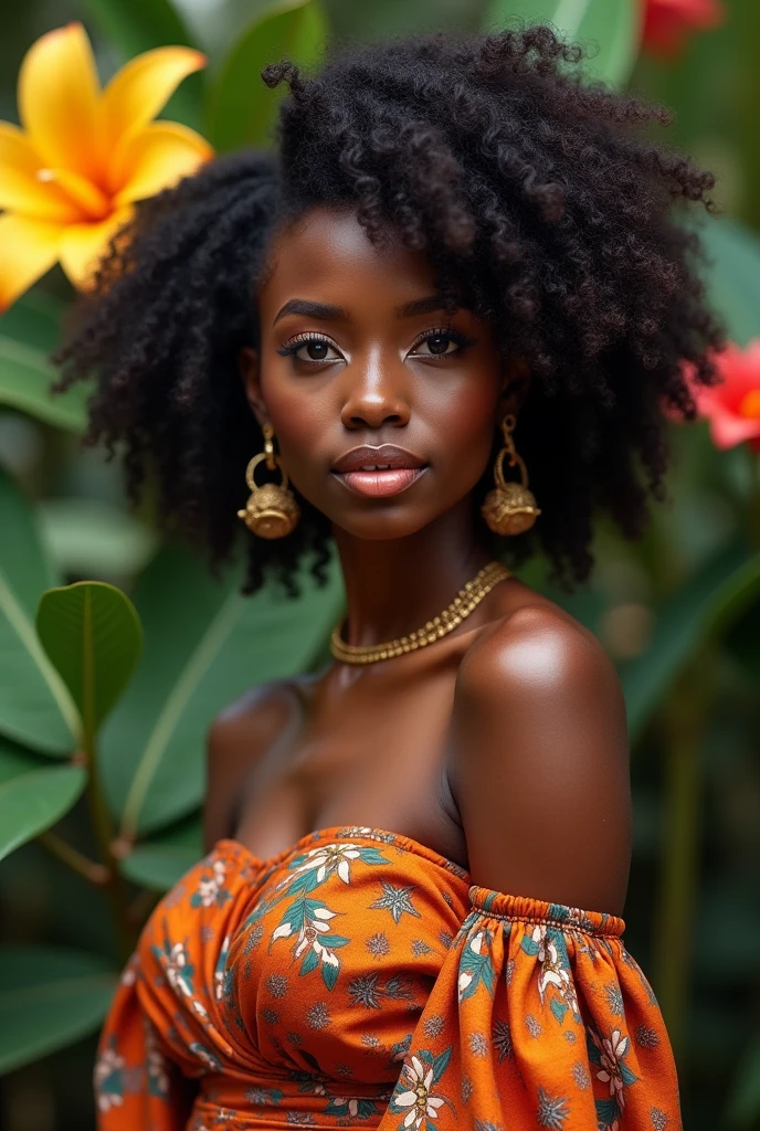 a beautiful young african girl, extremely detailed face and eyes, full lips, long eyelashes, intricate skin details, tight curly hair, beautiful flawless skin, graceful elegant pose, flowing colorful dress, ornate jewelry, lush tropical garden background, cinematic lighting, vibrant colors, photorealistic, 8k, masterpiece