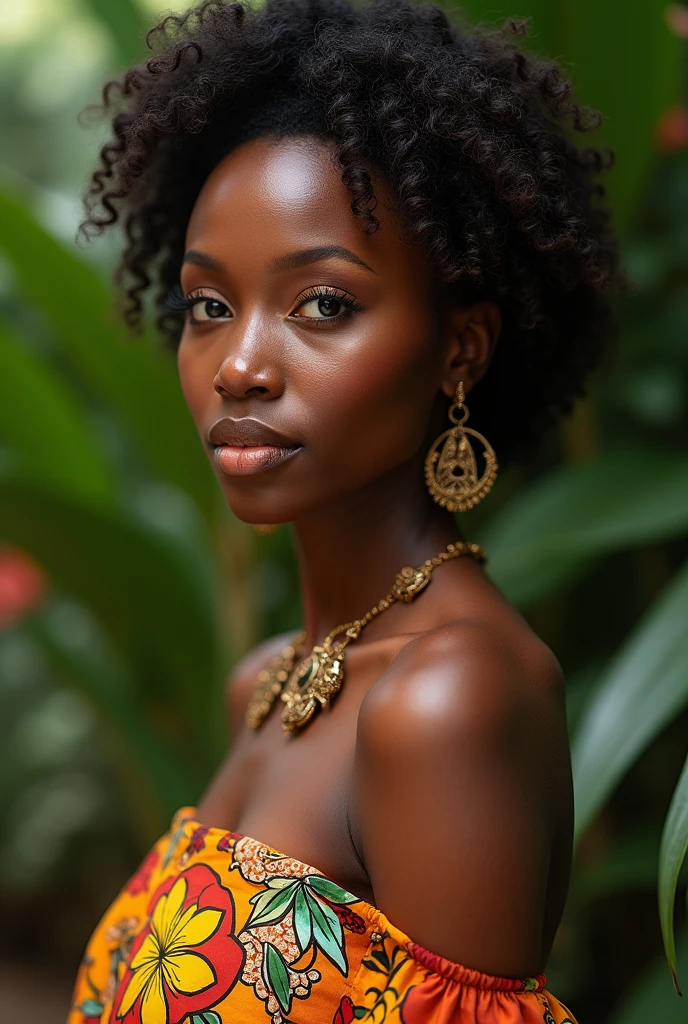 a beautiful young african girl, extremely detailed face and eyes, full lips, long eyelashes, intricate skin details, tight curly hair, beautiful flawless skin, graceful elegant pose, flowing colorful dress, ornate jewelry, lush tropical garden background, cinematic lighting, vibrant colors, photorealistic, 8k, masterpiece