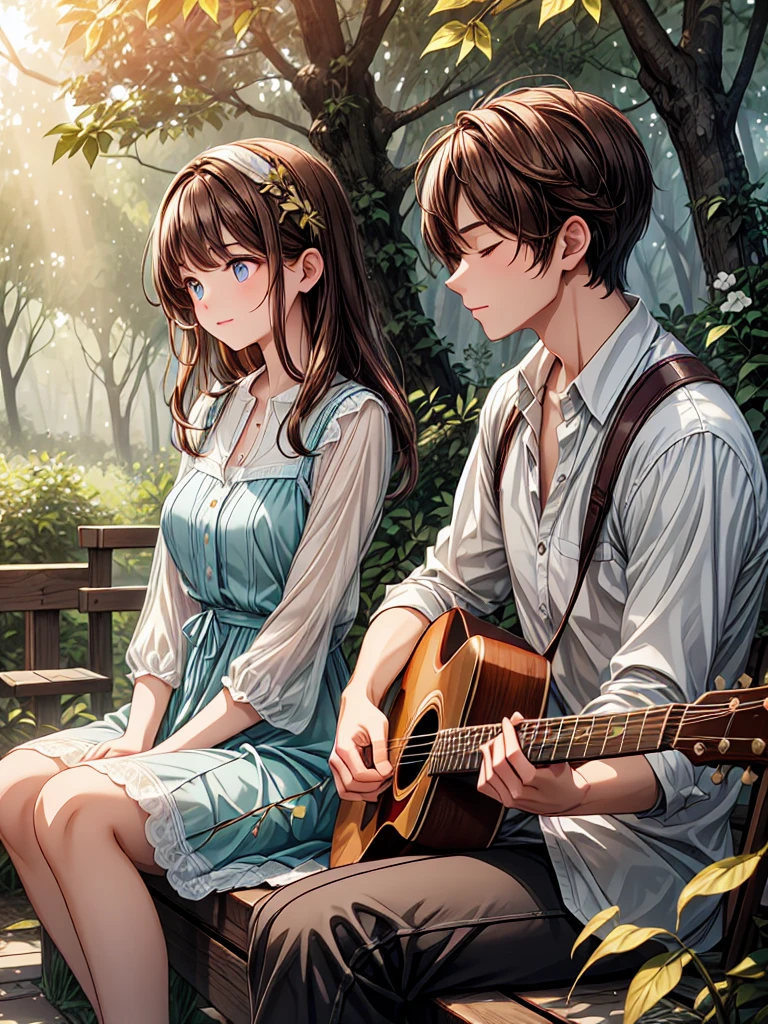 A serene and heartwarming scene depicting a young couple sitting together under a large tree in a lush, sun-dappled forest. The girl, with long brown hair and large, expressive blue eyes, wears a vintage-style floral dress layered with a cream blouse and lace collar. Her expression is soft and curious as she gazes at the boy beside her. The boy, with messy dark brown hair and a casual, unbuttoned shirt over a white tee, sits cross-legged while playing an acoustic guitar. The sunlight filters through the leaves above, casting a warm, golden glow across the scene. Their surroundings are rich with greenery, and the light breeze causes a few leaves and petals to float gently in the air. The mood is intimate and peaceful, capturing a moment of quiet connection and shared music in a picturesque, natural setting.