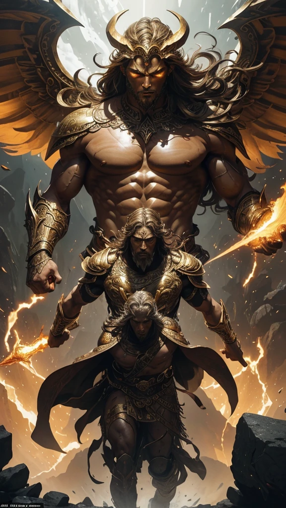 captures a powerful mythological battle, brought to life through a warm, fiery palette of deep oranges, golden yellows, and rich browns. The characters, clad in intricate bronze armor, are depicted with exaggerated musculature, engaged in a moment of intense conflict. Strong contrasts of light and shadow accentuate their imposing presence, giving the scene an epic, larger-than-life quality. This fusion of realism and heroic fantasy evokes the grandeur of ancient myths, where gods or titans clash with divine power. Dramatic lighting enhances the tension, casting the scene in a stark, almost celestial glow. The chaotic environment—marked by scattered rocks, dust, and shattered weapons—amplifies the sense of destruction and struggle. Every element, from the dynamic action to the symbolic imagery, is meticulously crafted to convey themes of victory, defeat, and the eternal battle for dominance. The result is a vivid portrayal of mythological combat, rich in detail and imbued with a sense of divine drama.