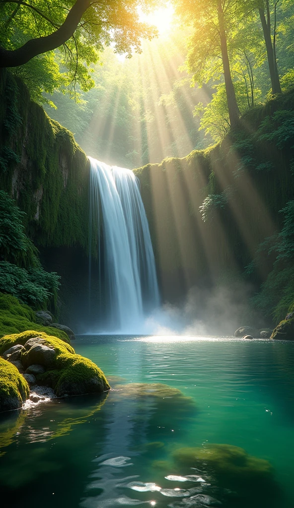 A small waterfall cascades into a clear, tranquil pool surrounded by moss-covered rocks and lush greenery. Sunbeams penetrate the forest canopy, illuminating the mist created by the falling water. Documentary style.