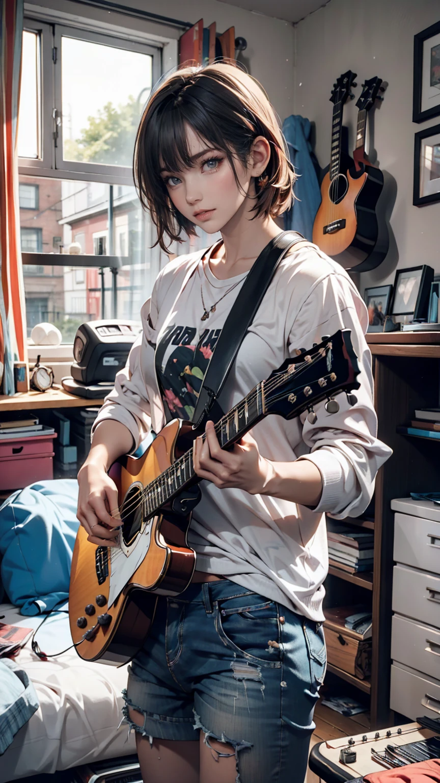 mouth, One person, alone, In a messy room, guitar,