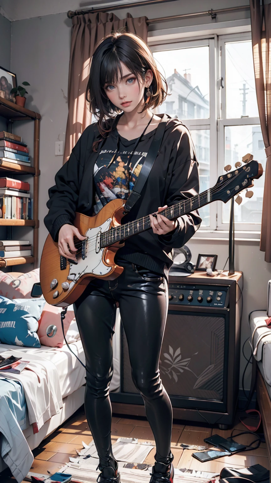 mouth, One person, alone, In a messy room, guitar,