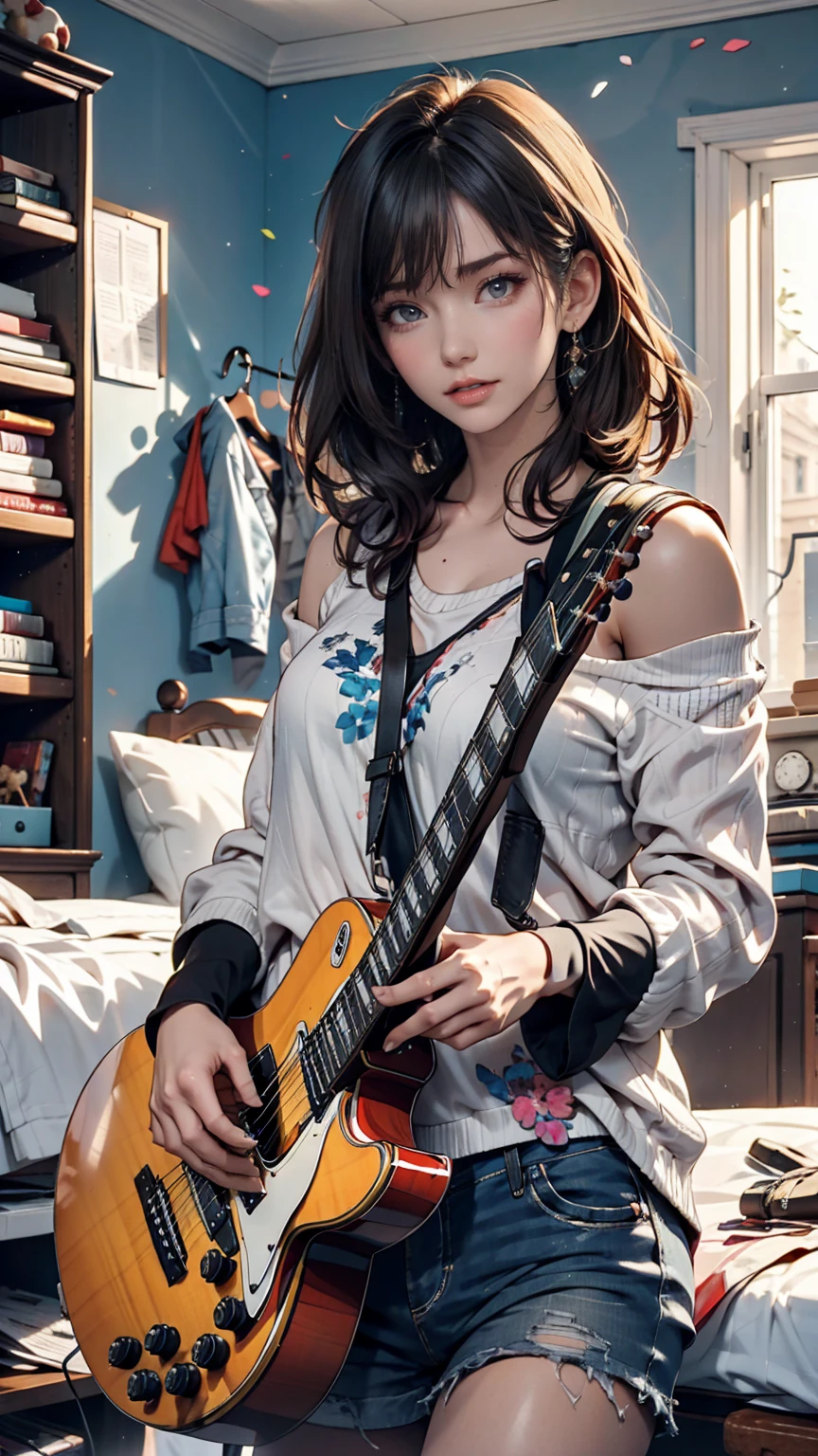mouth, One person, alone, In a messy room, guitar, 