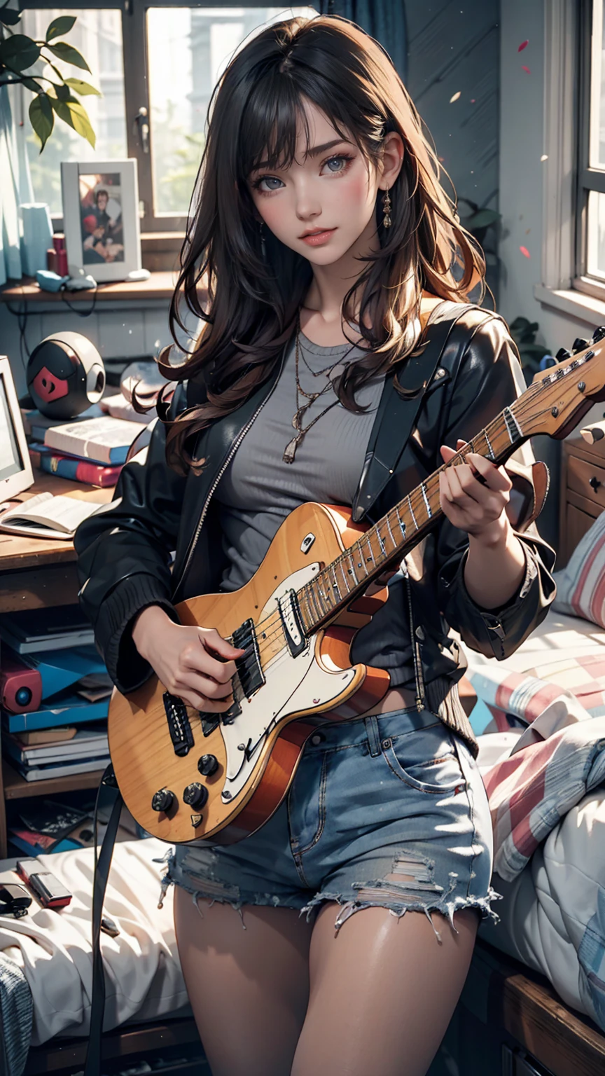 mouth, One person, alone, In a messy room, guitar,
