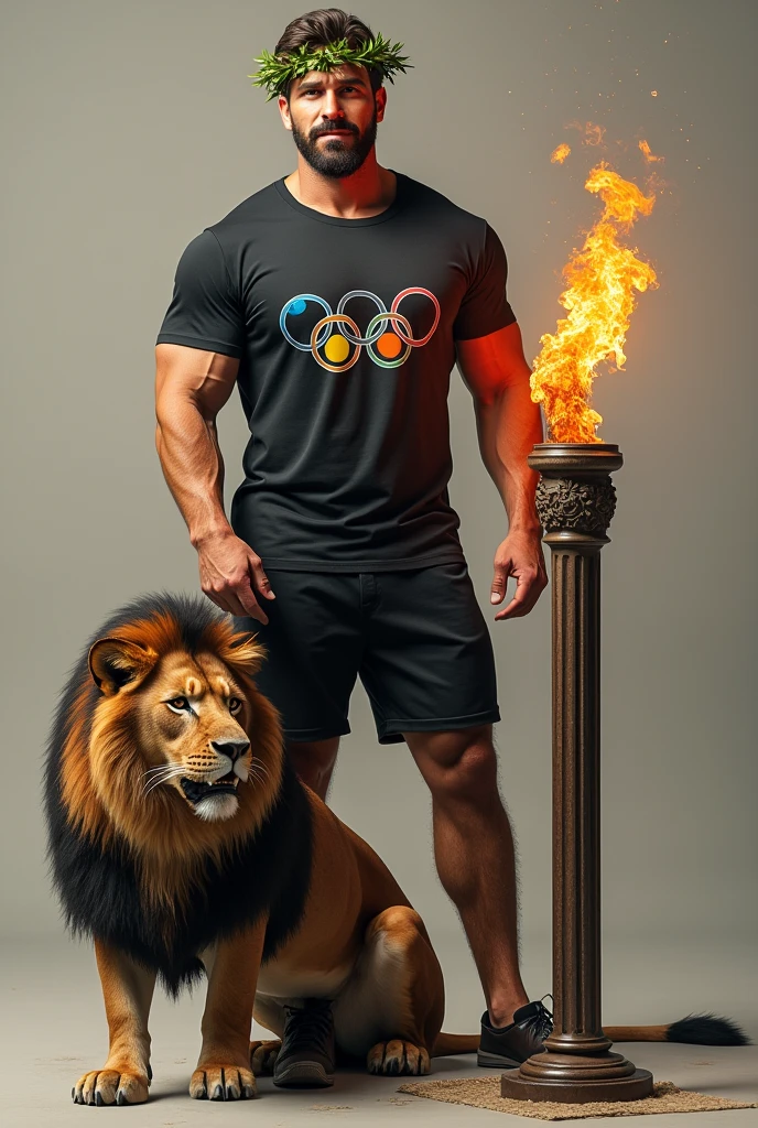 Create an image of Hercules wearing a laurel wreath and a black t-shirt with the colors of the Olympics and his right paw is on an Olympic torch next to a lion.