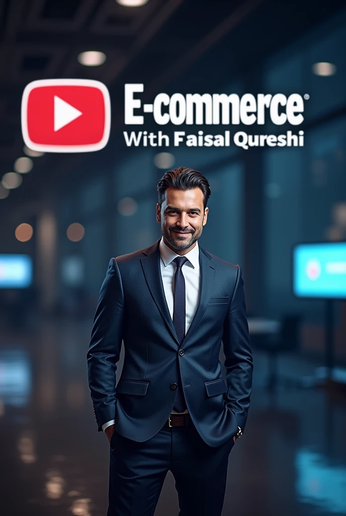 I want to create a real picture that has my channel name (E-commerce With Faisal Qureshi) and a very nice logo and a businessman and very handsome man in this picture.