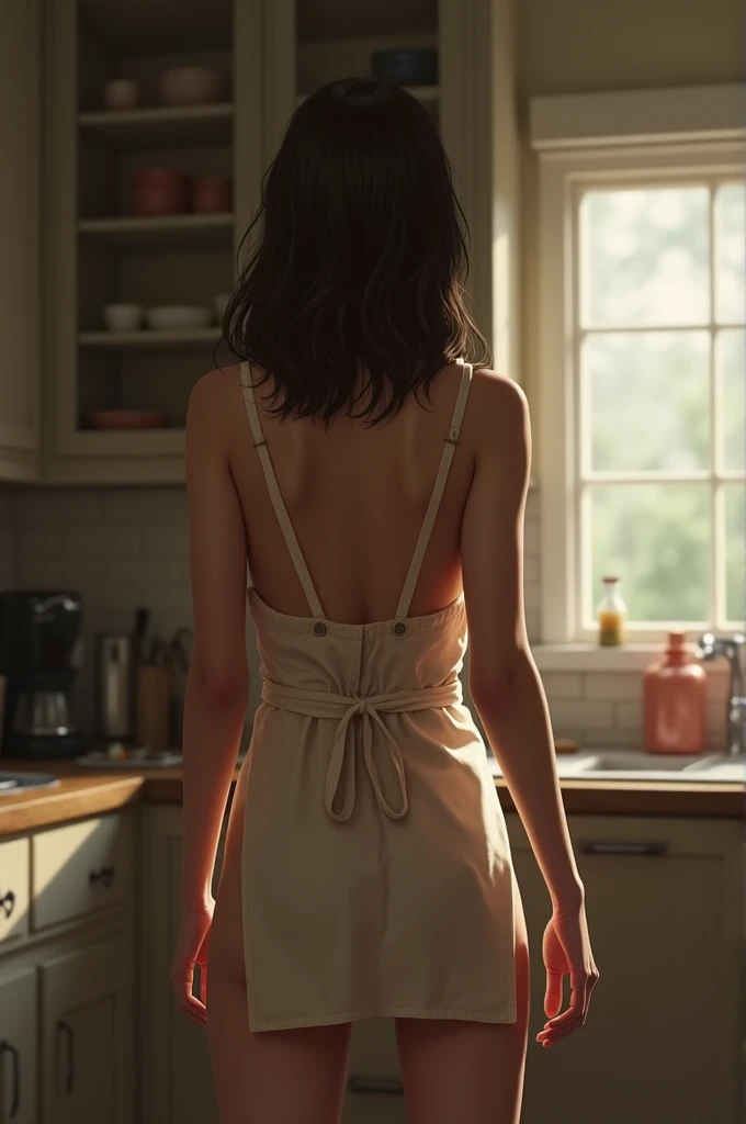 la fille est dans la cuisine et ne porte qu'un tablier