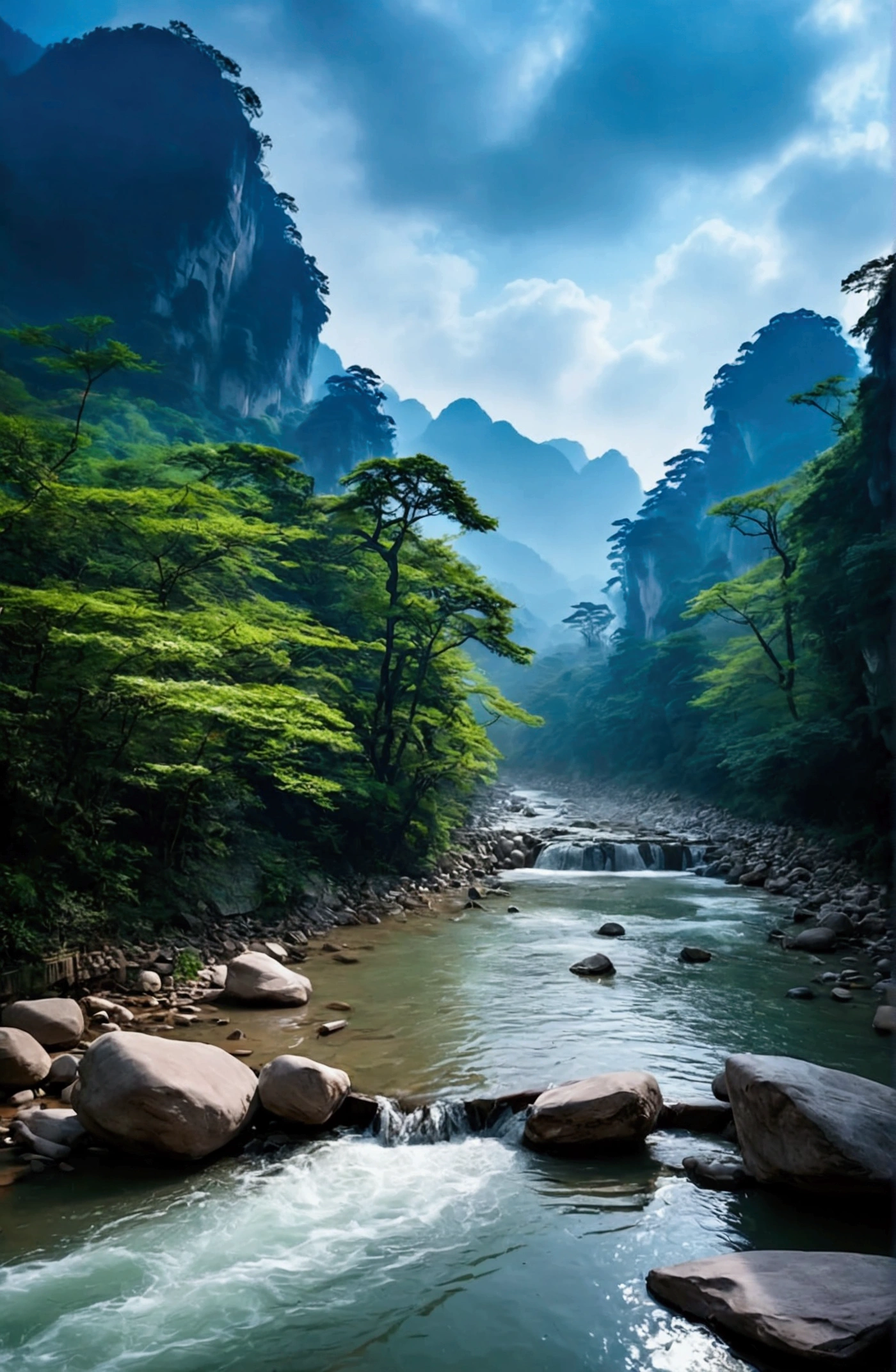 The stream is flowing，The stream is clear，Behind is the stone mountain of Zhangjiajie,Clouds and mist，Cinematic color grading
