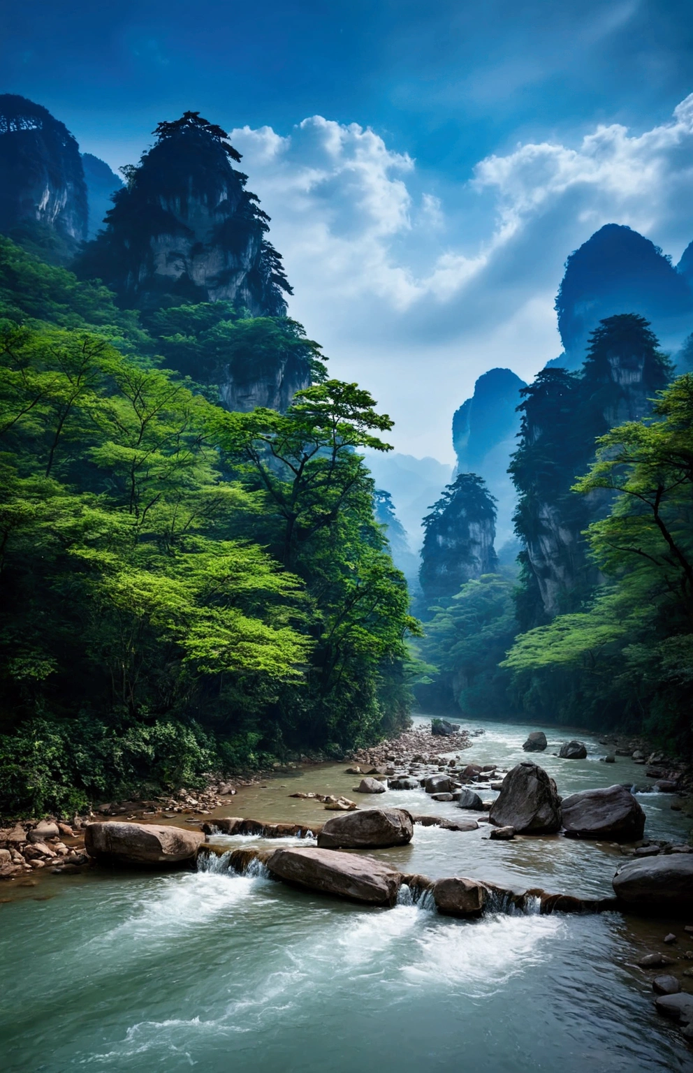 The stream is flowing,The stream is clear,Behind is the stone mountain of Zhangjiajie,Clouds and mist,Cinematic color grading