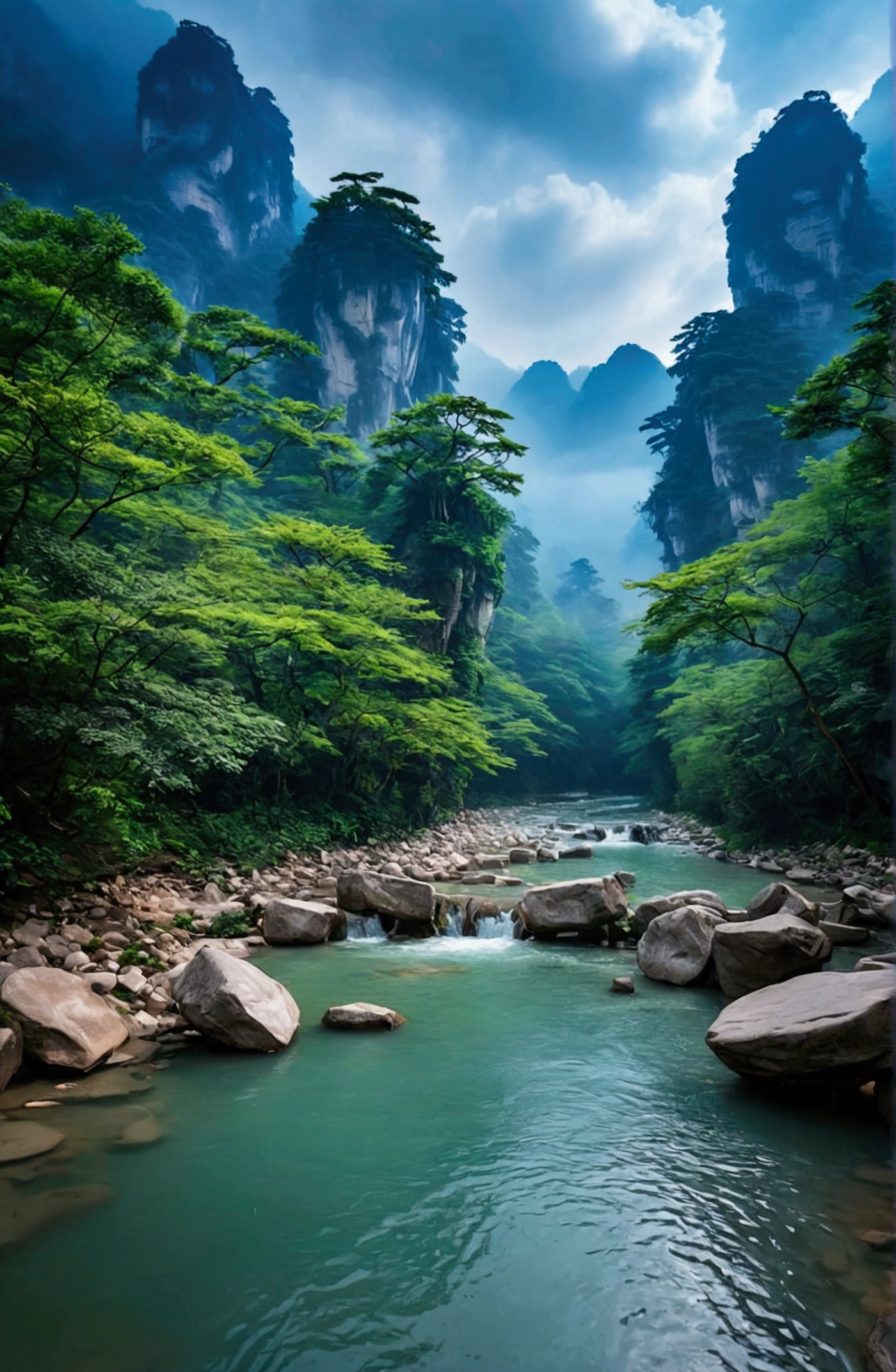The stream is flowing，The stream is clear，Behind is the stone mountain of Zhangjiajie,Clouds and mist，Cinematic color grading
