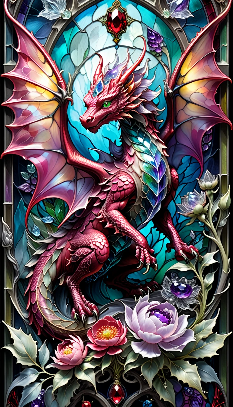 triadic colors, cinematic, official art, close fairytale transparent glass dragon ruby peony flowers, ice hoarfrost, baroque, Craola, highly detailed stained glass wings, amethyst crystals, labradorite iridescent crystals, Andy Kehoe, John Blanche, complex highly detailed background, child book detailed illustration, fantasy, filigree, filigree detailed, intricated, cute
