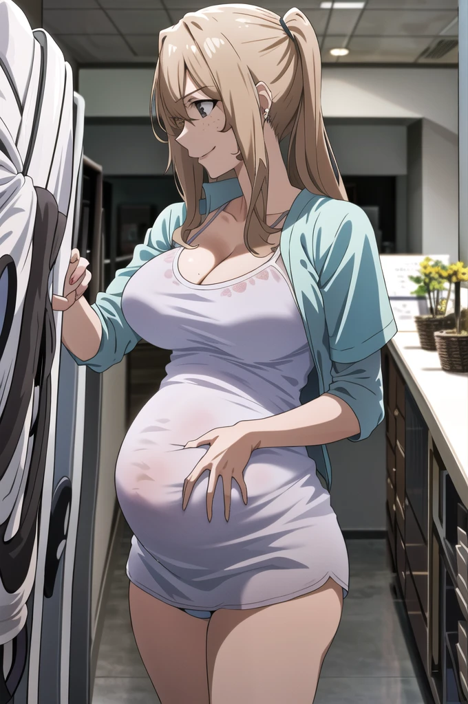 score_9, score_8_up, score_7_up, source_anime, best quality, clear face, 1girl, Clair Aoki, masterpiece, best quality, highres, aoki1, brown eyes, freckles, large breasts, bikini, shorts, cleavage, smile, looking at viewer, sky, standing, pregnant belly, huge belly, big belly, Belly button piercing, Maternity nightgown 