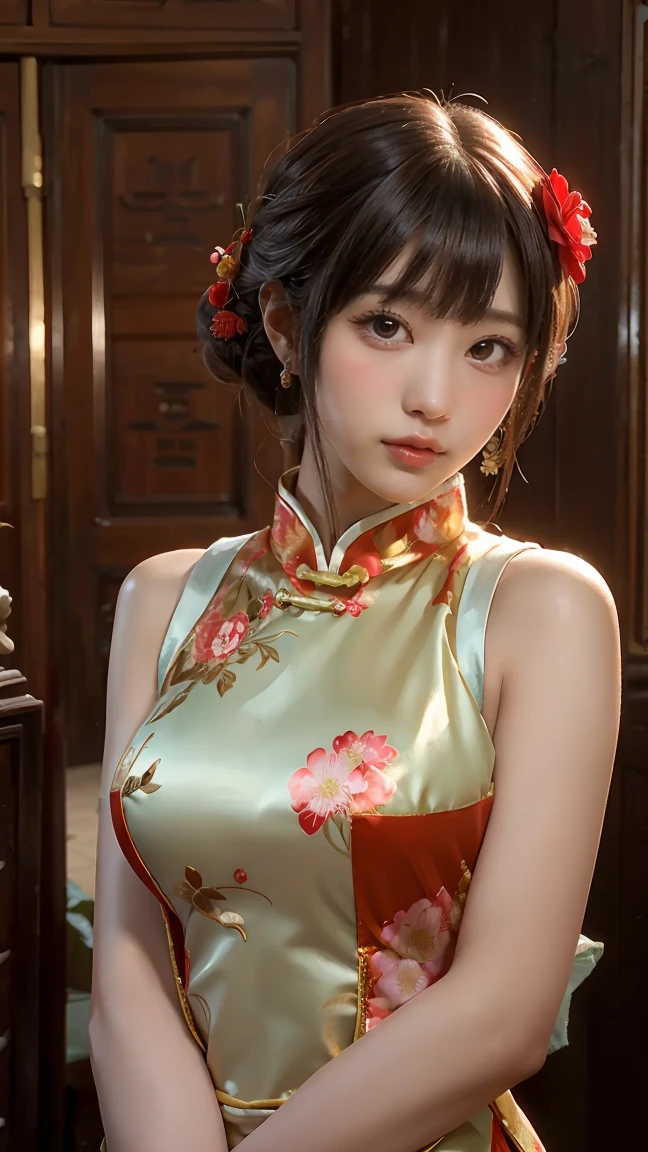 1girl,upper body,fashi-girl,china dress,chinese clothes,hair flower,(masterpiece:1.4),(best quality:1.4),(shiny skin),red lips,looking at viewer,large breasts,parted lips