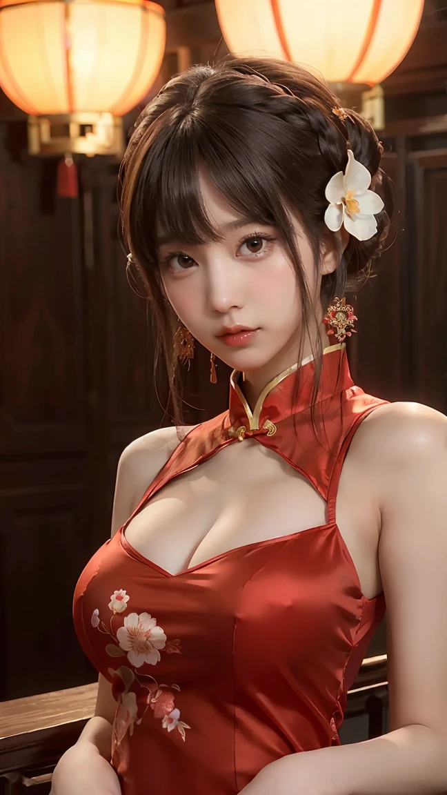 1girl,upper body,fashi-girl,china dress,chinese clothes,hair flower,(masterpiece:1.4),(best quality:1.4),(shiny skin),red lips,looking at viewer,large breasts,parted lips