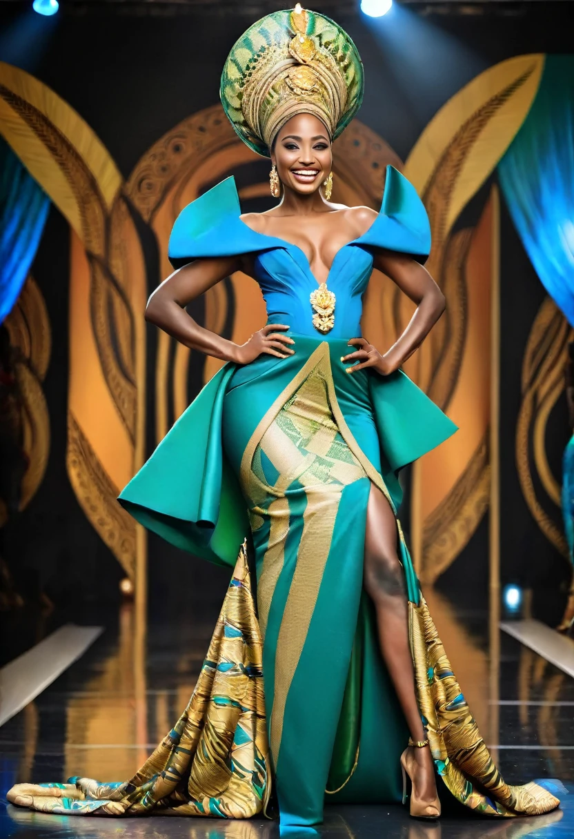 In this (masterpiece, photorealistic:1.4), runway fashion photograph, witness the mesmerizing allure of the (Goddess African Queen), as she graces the stage with her (Nigerian aura:1.2), and regal presence. She wears a (cyan African dress with gold embellishments:1.2) that beautifully accentuates her figure, featuring a (high thigh slit:1.2) that adds a touch of allure. She is extremely beautiful with the most amazing smile, (perfect eyes:1.2), (perfect body:1.1), The full-body photography (IMAX quality:1.3), captures her in all her glory, with (sharp details:1.2), highlighting the intricate craftsmanship of her attire. Her (detailed face:1.2), showcases her natural beauty, radiating confidence and elegance. Rest assured, there are no extra fingers in this finely crafted image. The scene is (zoomed out:1.1), to encompass the grandeur of the moment, with a (fur cape:1.1), cascading behind her, adorned with a tiger head texture. Her (braided hair:1.1), adds an authentic touch to her African-inspired look. As she strides with grace, the (full audience:1.1), watches in awe, surrounded by (wave art:1.1), that creates a surreal and enchanting atmosphere. She holds an (African Staff:1.1), in her hand, symbolizing her power and authority. Her attire is further complemented by exquisite (Egyptian jewelry:1.1), that enhances her regal appearance. The photograph is taken with a (35mm film camera:1.1), capturing the richness of the moment with (bokeh:1.1) that adds a touch of magic. This (professional, highly detailed:1.1), image transcends reality, transporting the viewer to a (dreamlike:1.1) and enchanting realm, celebrating the beauty of African culture and fashion on the runway, (realistic, photo-realistic:1.37).
