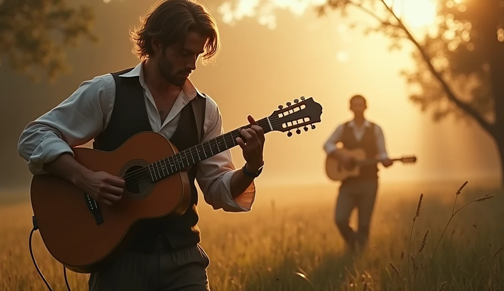 A man standing playing the guitar, camera zoom out