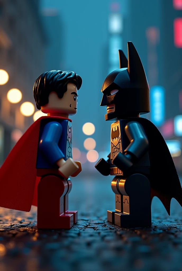 Superman and Batman in lego art, night