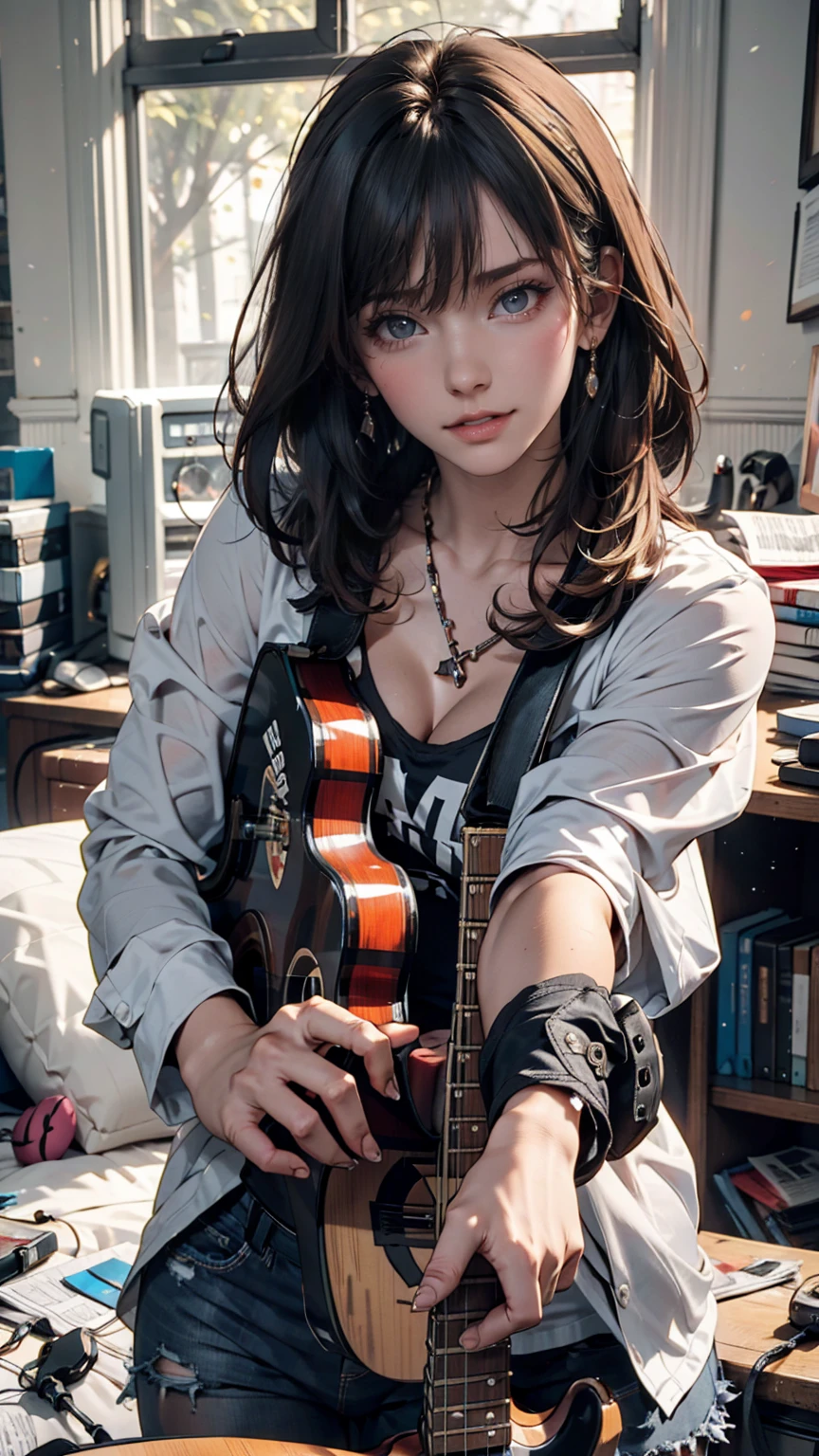 mouth, One person, alone, In a messy room, guitar,