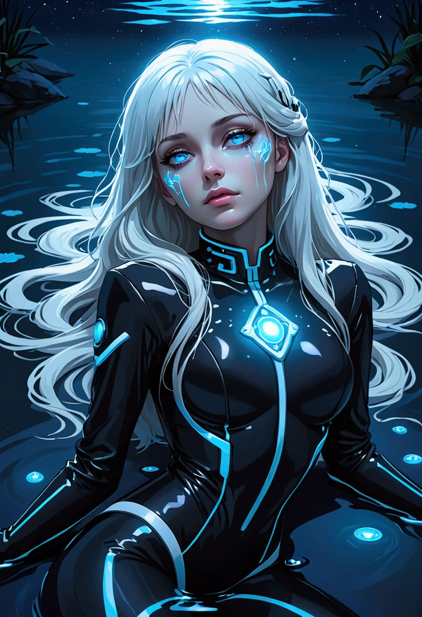 ((best quality)), ((masterpiece)), (detailed), perfect face, a beautiful woman with white long hair and a sky blue reflection, she has a tufted fringe, she has sky blue eyes, she has total black cyber suit clothes with some neon sky blue lights on it, cyber line on her face, she is suffering and dying lying in the water in a pond, in the night with skyblue lights, she has fatal injuries. total body.