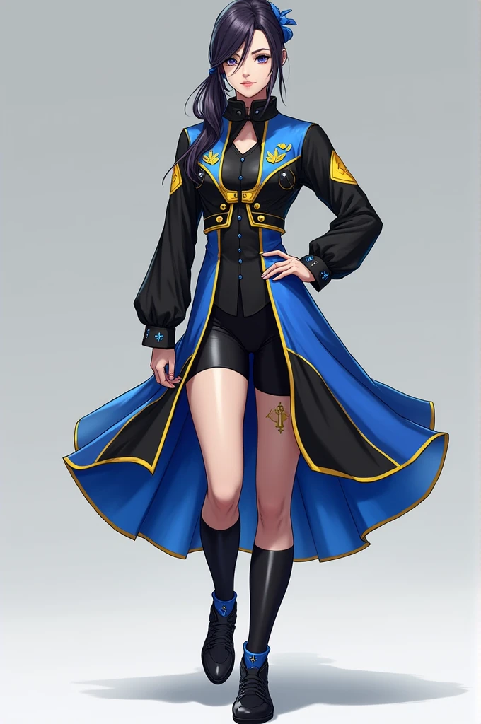 Fanfare choreography outfit in bodysuit style with small blue details, black and yellow in front . For the bottom, shorts with a cut on the left side and over the shorts, a light, layered, round skirt in black and blue.. With gold details on the edge . Front and back version and also in the men&#39;s model, a black jacket with blue and yellow statements on the right and left sides., with long sleeves and open so that a blue shirt appears underneath and with simple black pants