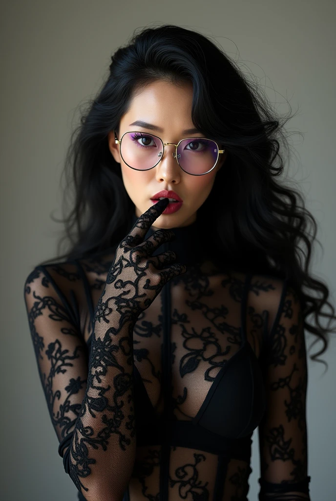 Long sleeve, high neck black lace tights、Wearing black lace gloves、Gold-rimmed glasses、Long curly black hair, heavy makeup、Purple eyeshadow for a Japanese woman in her 40s、Licking the tips of his fingers with his tongue