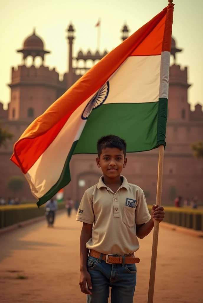 Create a photo of Boy holding tricolour (National flag of Indai) with background of Lal Quila with tricolour background surrounded around lal quila. Boy's Name should be Ashok Kumar
