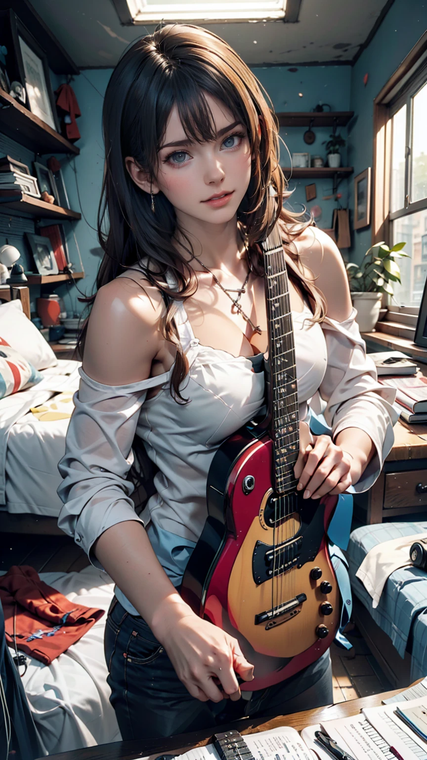 mouth, One person, alone, In a messy room, guitar,